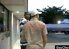 Public cumshot during anal interracial gay fuck