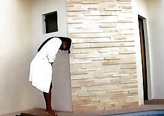 Dark skinned shemale strokes puffy nipples and black shecock