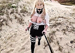 In a obedient sissy maid outfit, collared and leashed, and wearing a throat gag i visit a exposed beach (Birdy Beach) and go for a walk along the sea 