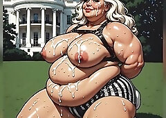 AI generated fetish art set featuring very chunky and built sweethearts overspread in cum posing in boxing gloves and leather harnesses outside the Wh