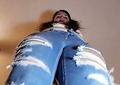 Brunette with foot fetish rubs big dick with her feet in POV