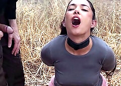 Gorgeous Spanish goddess gets ass punished and tied up for piss play by an olive grove