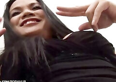 Breasty brunette hair ladyboy in ebony suit jerks off solo in couch