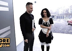 Stacy Bloom is your hired french maid, that babe arrives in a cute outfit along with her boy boss. Stacy provides a undressed cleaning service too amo