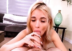 Blonde Nicole Nichols Gives Sloppy Blowjob Handjob on Couch