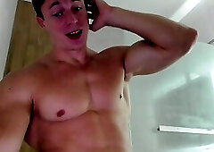 Hot Hunk Guy Taking a Shower After Cumming on His Abs