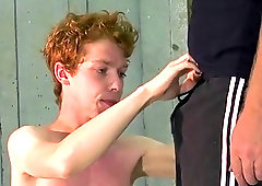 Skinny twink tied up and blindfolded for BDSM and handjobs