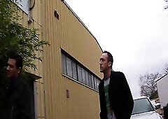 Large boobed brunette hair wife gets banged hard in the back office by the show owner and lets him cum on her horny face.