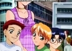 Lovely cartoon babe is blushing while having a vibrator inside her pussy, in front of her friends