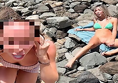 Sex and Blowjob in Public on the Beach from a Blonde and a Brunette