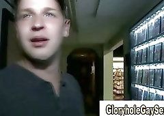 Cumswallow through gloryhole for straight guy