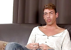 Handsome young Latino strips after an interview and jerks off