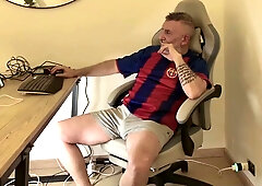 Mature parent with large wood frolicking at his desk
