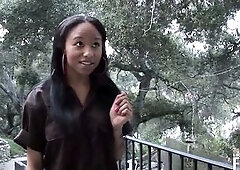 Black angel gets her constricted pussy fucked by built dude when that babe comes to take the package for delivery.