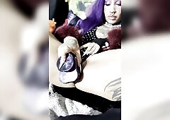 Punk cutie with purple hair, cosplaying as a lustful version of Yoruichi Shihouin, stuff her taut soaked black twat with a thick bad dragon toy just f