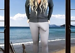 Giant knob t-girl does yoga in beach abode