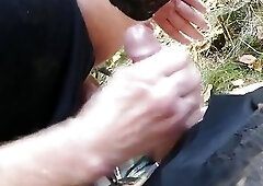 Lusty shemale with black stockings gives a vigorous outdoor handjob