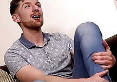 Jock strips nude and pulls his cock out to masturbate