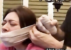 Dumb skank gets all fastened up, tape gagged and drilled on a table