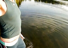 Swimming in the lake in sport wear at sunset.. Juicy leggings and t-shirt...