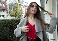 Babysitter in glasses welcomes a public agent stranger into her apartment for a private encounter