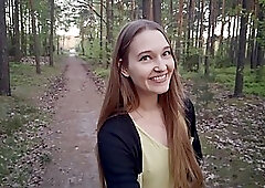 Young brunette babe sucks dick in the forest (POV)