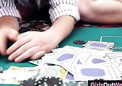 3 lesbo hotties with shaggy cunts, named Metallic, Rosie and Avalon play Disrobe Poker then lick, finger and screw every other the one and the other v