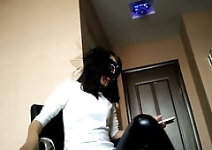 Chinese femdom in leather boots commands footjob and makes him squirt