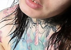 Amateur busty brunette masturbates and does hand job