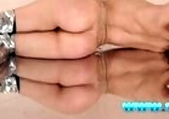 Curley haired  girl plays with her clit while home alone