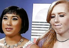 Redhead TS Fucks Chubby Asian Genetic Girl, Creampie