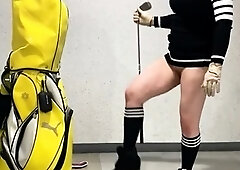 Pantyless Oriental mistress practicing her golf swing