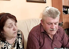 Cute brunette hair honey trio with old parents