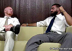 Redhead guy worships buddy's feet, gets facialized after toe sucking