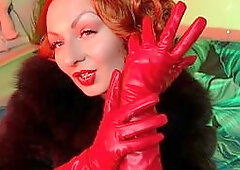red gloves fetish tease and seduce video - leather and fur ASMR clip with hot sounding