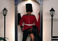 Latina transsexual Bianka Nascimento seduces a serious guard and pulls out his big dick.The big tits tgirl deepthroats it as the guy facefucks her.The