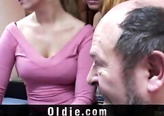 Profiting of his training pervert oldman touches subtle the beauties titties out of shame. But blondes like his caress and with a subtle smile pass th
