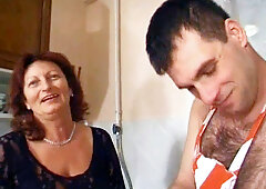 Granny Gets Her Hairy Pussy Stuffed In The Kitchen