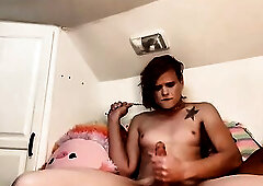 Trans emo hotty makes a large mess with her large jock