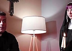 Gagging CFNM babe in uniform sucks priest cock in dormitory