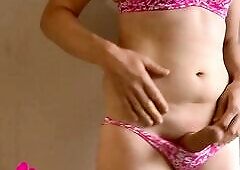 Lascivious Dutch T-girl Uncut Knob & Tgirl Crossdresser Butt Tease in Hawt Pink Brassiere & Pants with JOI