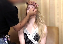 A young blonde in a pose cancer has substituted the slits...