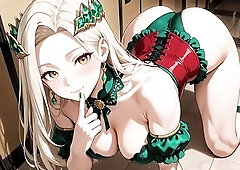 Below the dim hotel corridor lights, a golden-haired elf-like gal appears with a green flower crown. This babe wears red-green constricted underware a