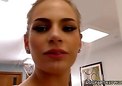 Black guy is about to fuck a slutty blonde cheerleader, Sydney Cole, until she cums