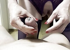 mistresse inserts a plug in the jock and then screws me