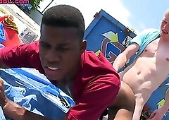 BBC stud sucks white cock outdoor and gets fucked in asshole