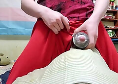 Ladyboy jerks firm and finishes off in fishnets