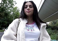 Public Agent tiny British Brunette hair Sucks and Bangs after Almost Getting Run Over by a Runaway Taxi