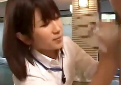 Shy Japanese employee gives out handjobs at hot spring