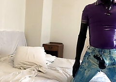 Rubber Clothes Strip To Rubber Skin And Loud Cum In Sheath